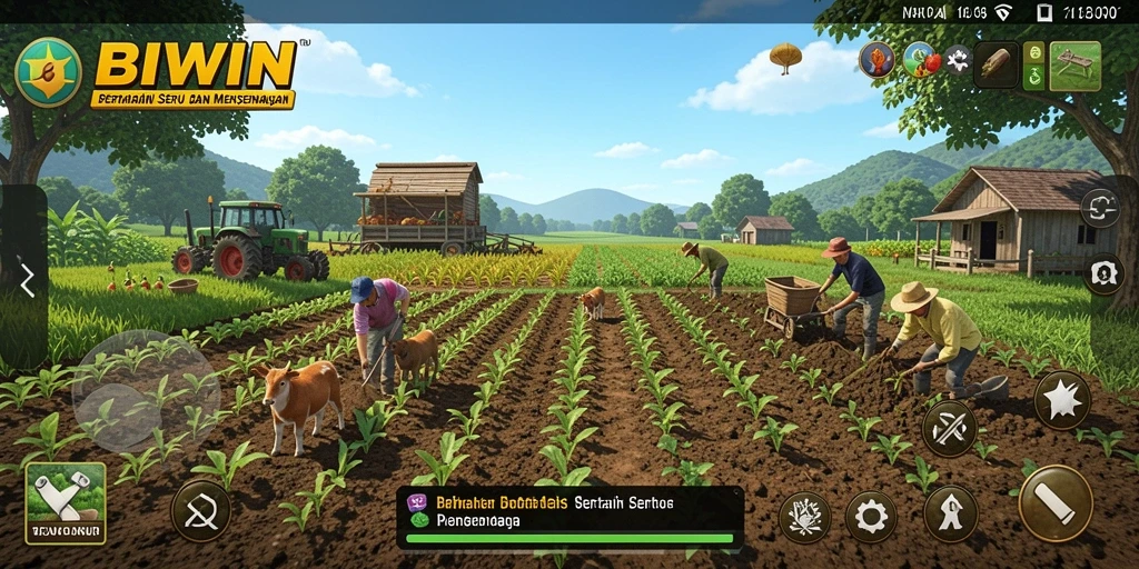 Tangkapan layar utama BIWIN menampilkan pemain yang mengelola ladang dengan grafik menawan.