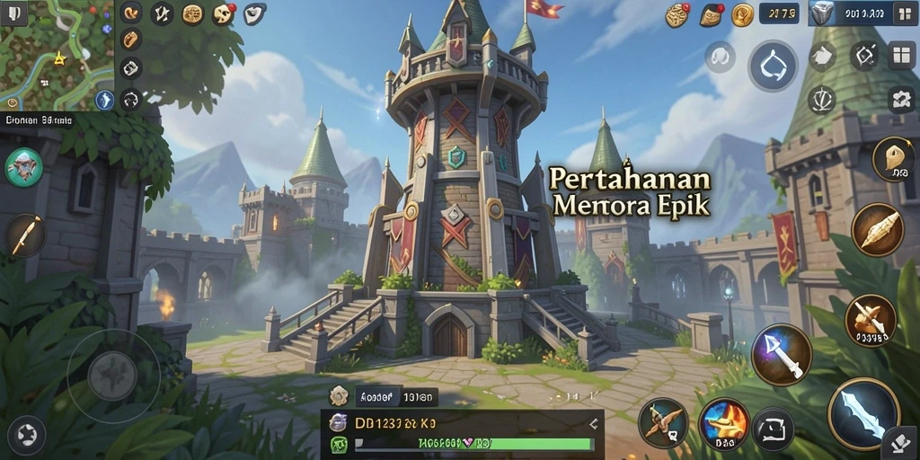 Tangkapan layar gameplay D73 yang menampilkan strategi menara pertahanan.