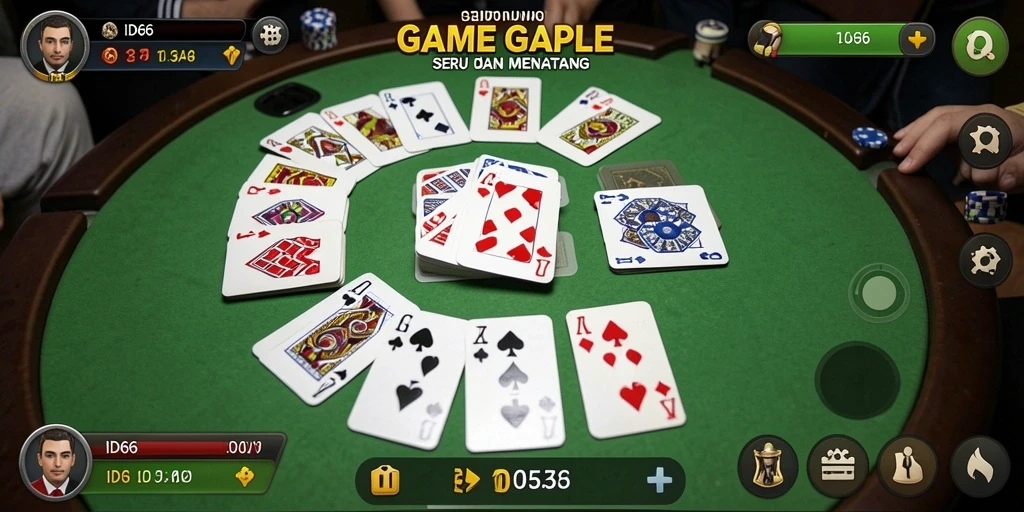 Tampilan gameplay seru permainan Gaple ID66 yang dapat dimainkan bersama teman.