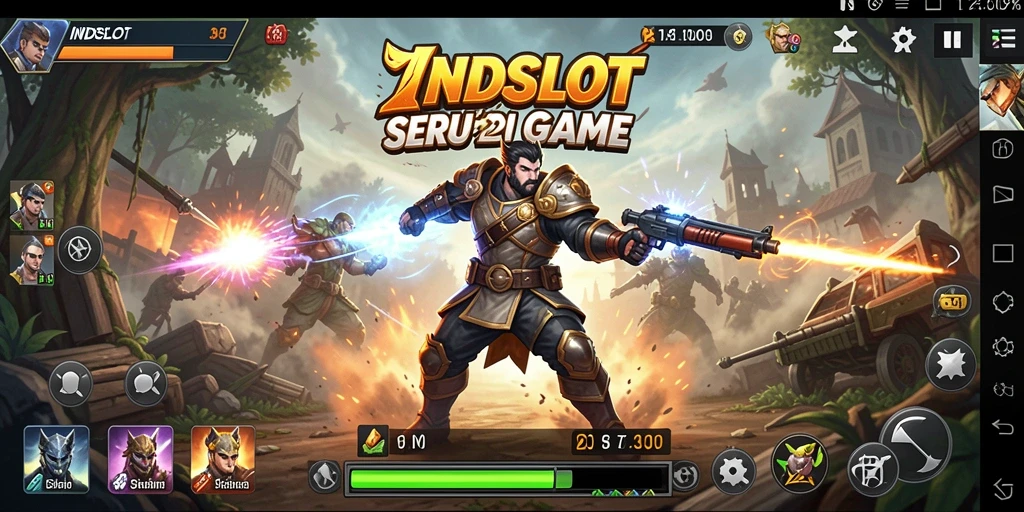 Tangkapan layar INDSLOT menampilkan aksi pertarungan seru dengan karakter unik.